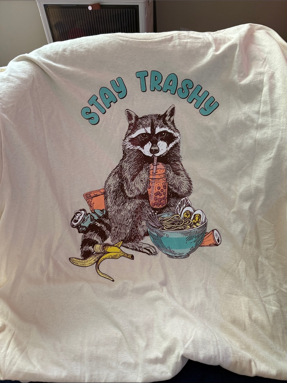 Stay Trashy Raccoon Graphic Tee - White with Teal & Multicolor Print